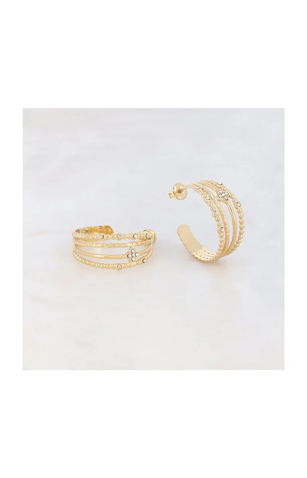 Créoles à puce 4 rangs – Acier inoxydable & strass – Doré & blanc