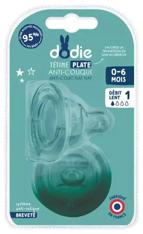 Dodie Tétine Sensation+ Plate – Col Large – 0-6 Mois – Silicone Débit 1 – Lot de 2