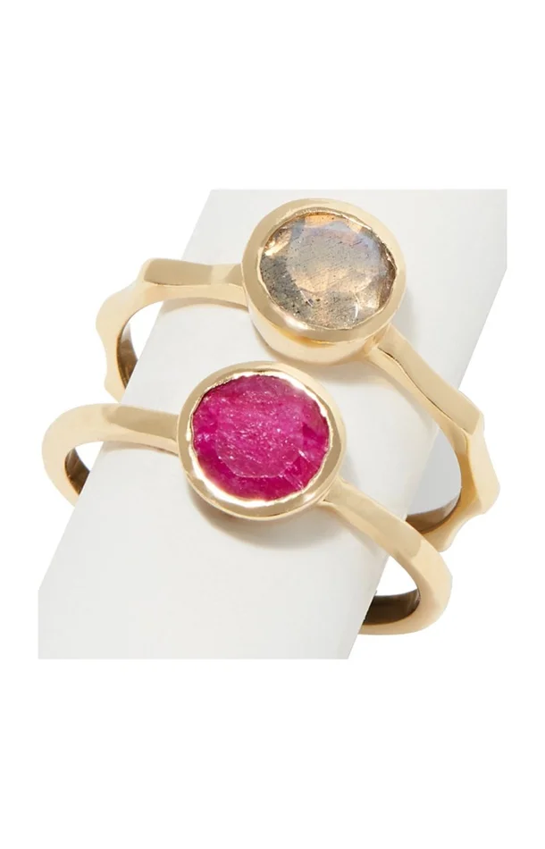 Duo de bagues – Laiton doré, labradorite & rubis