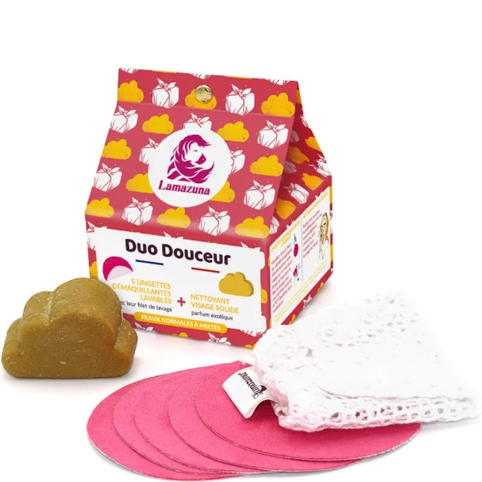 Duo Douceur – Nettoyant Visage Solide + 5 Lingettes D&eacute;maquillantes Lavables