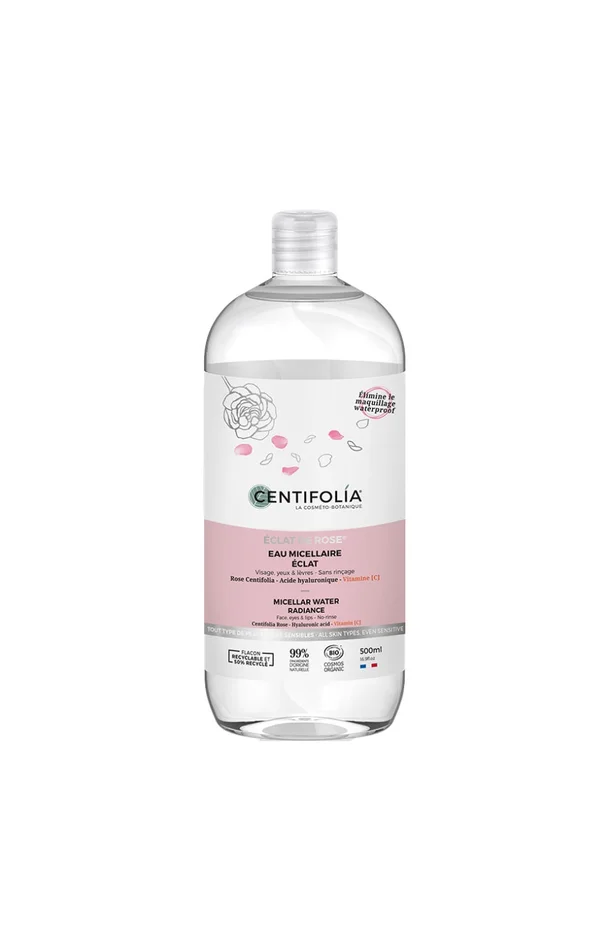 Eau micellaire éclat bio – Rose & acide hyaluronique – Visage – 500 ml