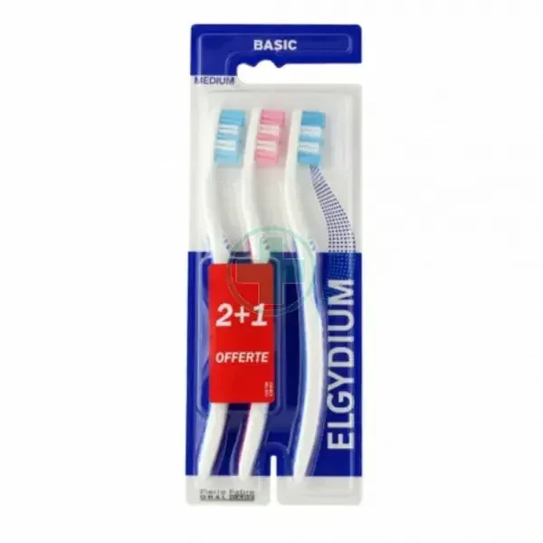 Elgydium Brosse à Dents Basic Médium Lot 2 + 1 Offerte