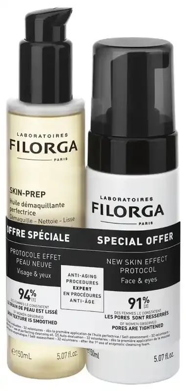Filorga SKIN-PREP Duo Huile Démaquillante Perfectrice 150 ml + Mousse Nettoyante Enzymatique Visage & Yeux 150 ml Offre Spéciale