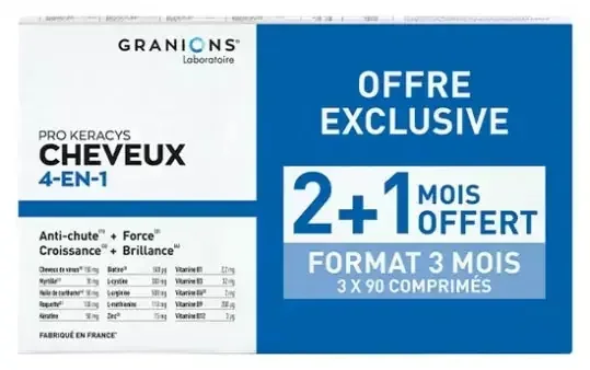 Granions Pro Keracys Cheveux 4En1 – 3 Mois Dont 1 Offert Anti-Chute + Force + Croissance + Brillance 3 X 90 Comprimés