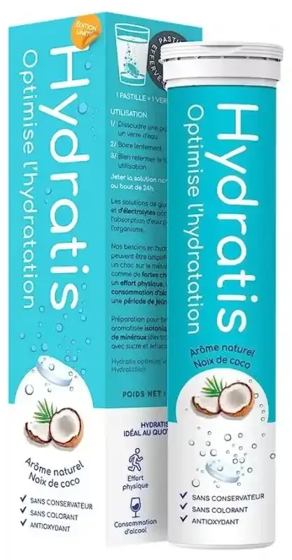 Hydratis Pastilles Hydratation Accélérée – Boisson Électrolytes Magnésium Zinc Potassium – 20 Pastilles – Arôme Noix de Coco