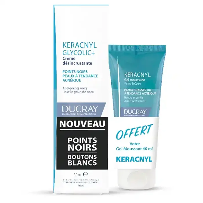 KERACNYL GLYCOLIC+ CREME DESINCRUSTANTE 30ML +GEL MOUSSANT 40ML OFFERT DUCRAY
