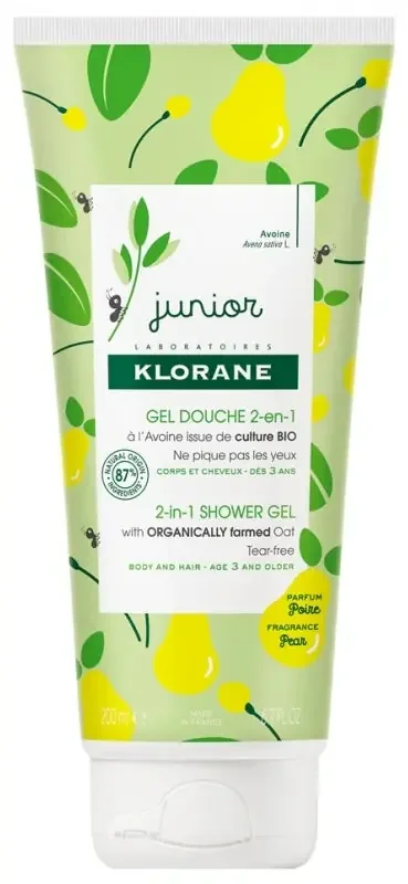 Klorane Avoine Junior – Gel Douche 2-en-1 à l‘Bio – Framboise – Corps et Cheveux – Enfant 200 ml – Parfum Poire