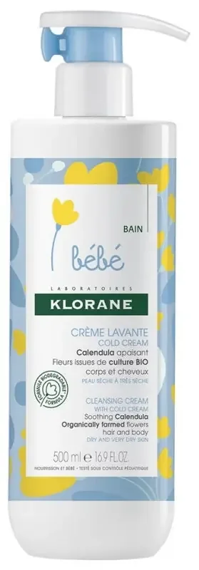 Klorane Calendula Bébé – Crème Lavante Cold Cream au – Bébé – Corps et Cheveux – Peau Sèche et Trèsèche 500 ml