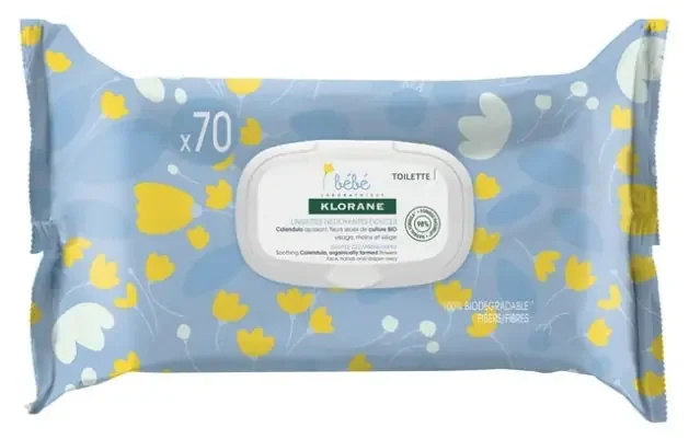 Klorane Calendula Bébé – Lingettes Nettoyantes Douces au Apaisant – Peau Normale à Sèche – 70 Unités
