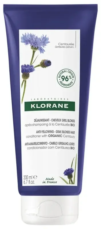 Klorane Centaurée Après-Shampoing Déjaunissant à la Centaurée Bio – Cheveux Gris Blancs Blonds 200 ml