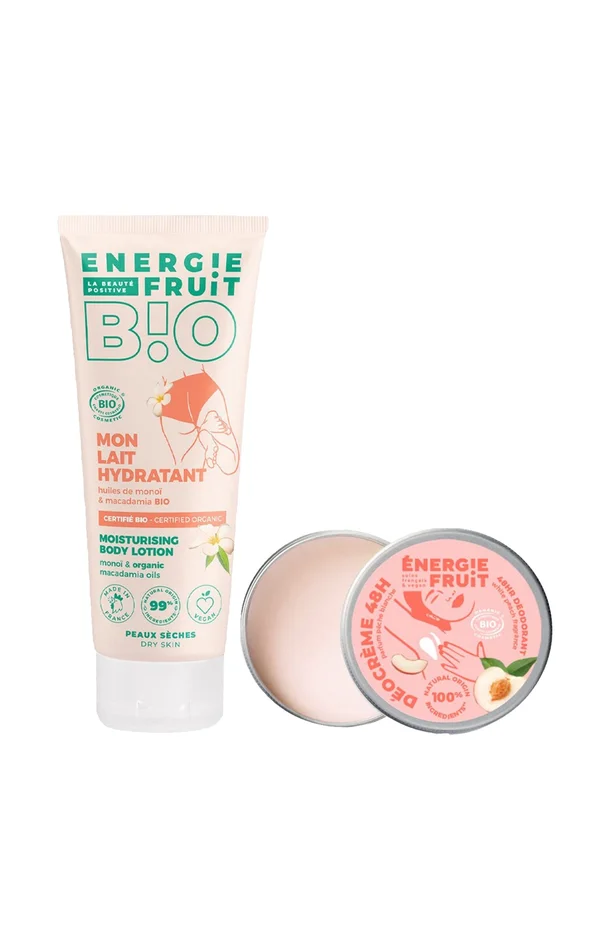 Lait apaisant & déodorant crème bio – Monoï & pêche – Peaux sèches