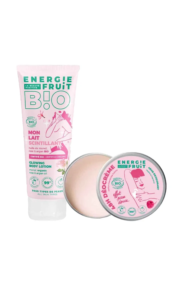 Lait scintillant & déodorant crème bio – Monoï & framboise – Corps