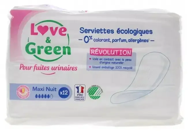 Love & Green Pour Fuites Urinaires Serviettes Hypoallergéniques et Écologiques « nuit » X 12
