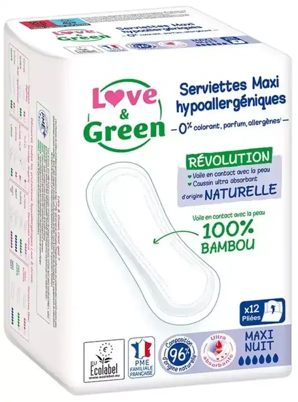 Love & Green Serviettes Hypoallergéniques et Écologiques « maxi Nuit » X 12