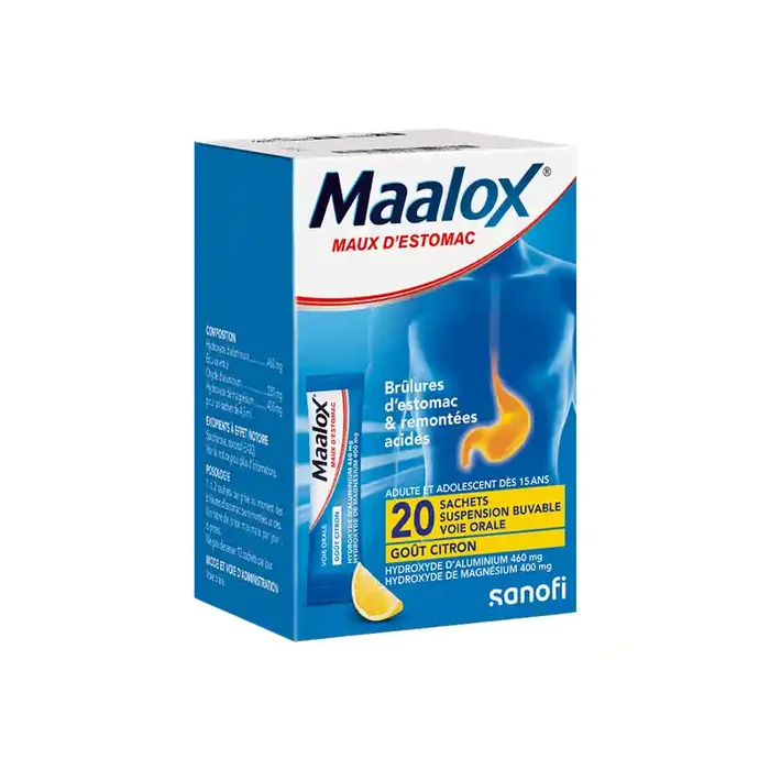 Maalox maux d‘estomac suspension buvable gout citron 20 sachets