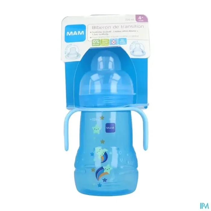 Mam biberon de transition 220ml garcon bec souple antifuite silicone