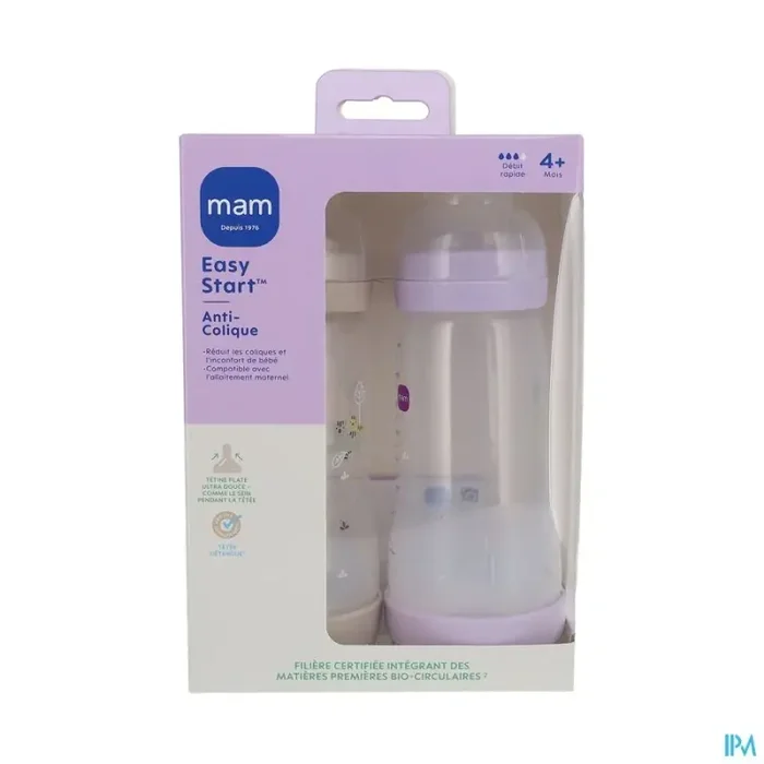 Mam biberon easy start anticolique 320ml lilas + sable tetine debit 3 x2