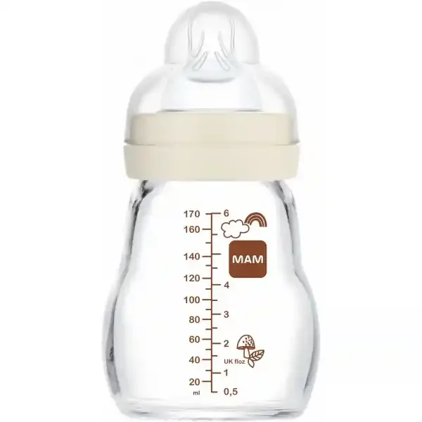 MAM Biberon Verre 170 ml Blanc 1er âge Tétine débit 1