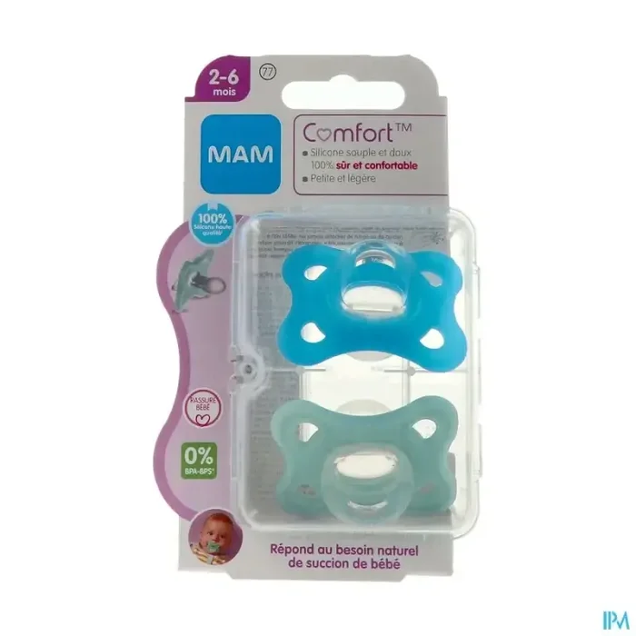 Mam sucette comfort bleu 2/6m silicone bte sterilisation x2