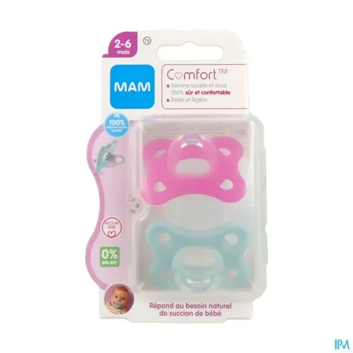 Mam sucette comfort rose 2/6m silicone bte sterilisation x2
