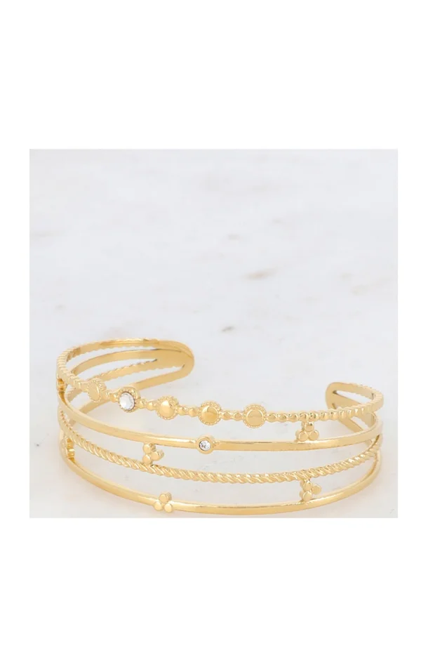 Manchette triple-rangs – Acier inoxydable doré & strass