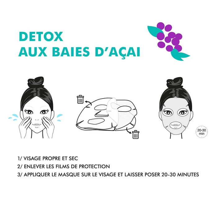 Masque anti-pollution 100% bio cellulose – Baies d’açai – Visage – 30 ml