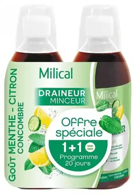 Milical Draineur Minceur Ultra Lot de 2 x 500 ml (= Programme de 20 Jours) – Saveur Menthe-Citron-Concombre