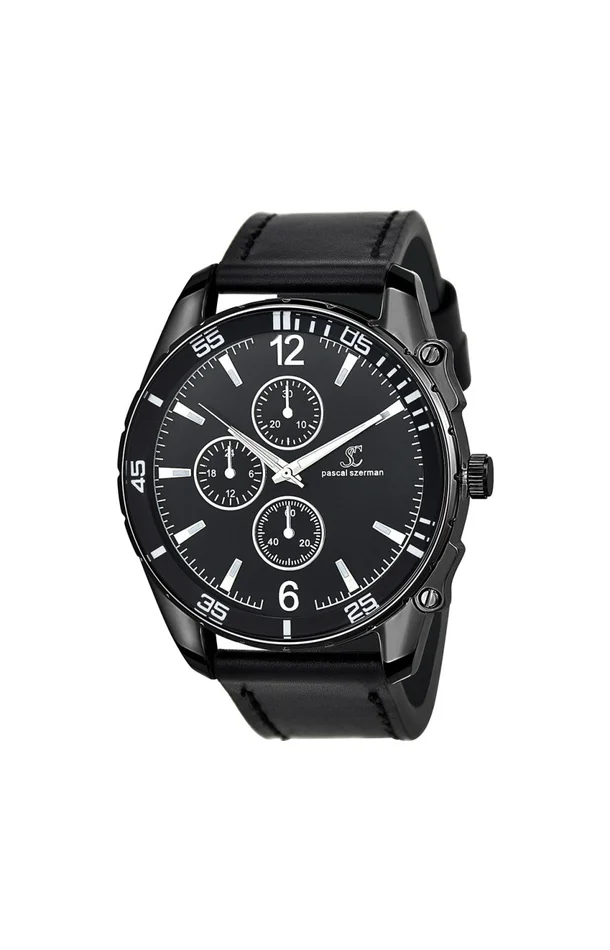 Montre – Laiton & similicuir noir – Homme – Noir – 47 mm