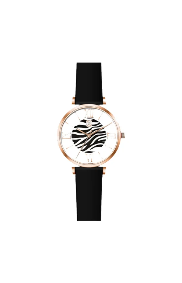 Montre à quartz – Acier – Doré rose & motif zèbre noir