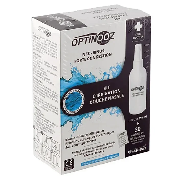 Optinooz – Kit d‘irrigation douche nasale 250 ml + 30 sachets de solutions saline