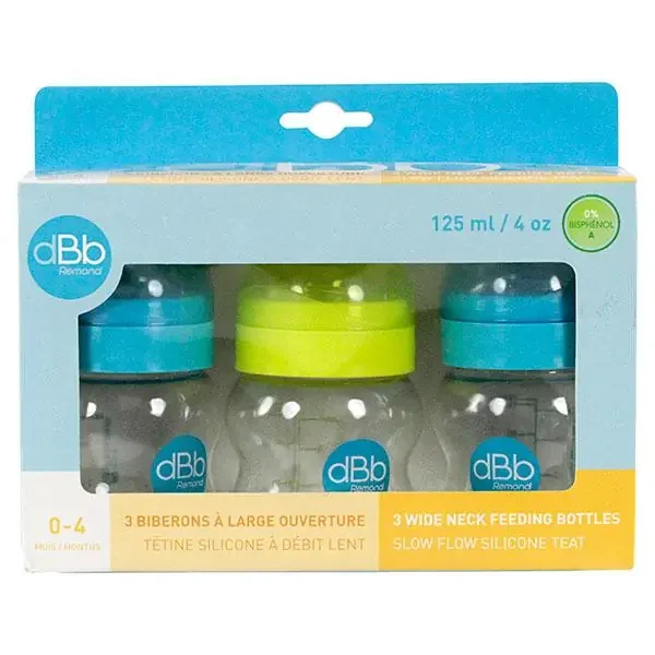 Pack 3 biberons 125ml 0-4mois et tétine bleu et vert