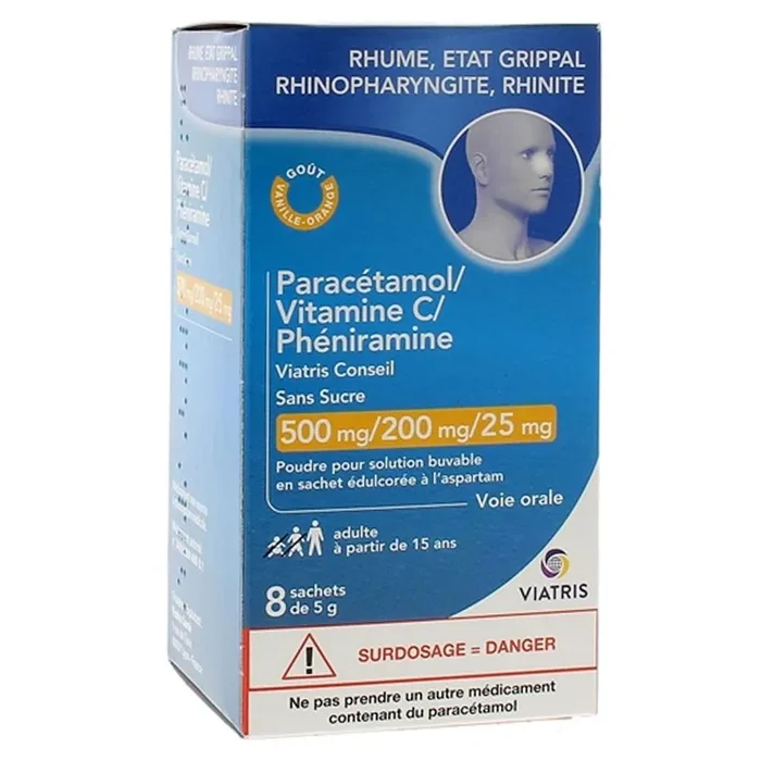 Paracétamol Vitamine C Phéniramine 500mg/200mg/25mg – Sans sucre – 8 sachets