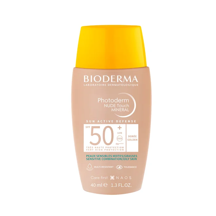 Photoderm Nude Touch – Soin Minéral Teinté Doré – Peaux Sensibles Mixtes/Grasses SPF50+ 40 ml