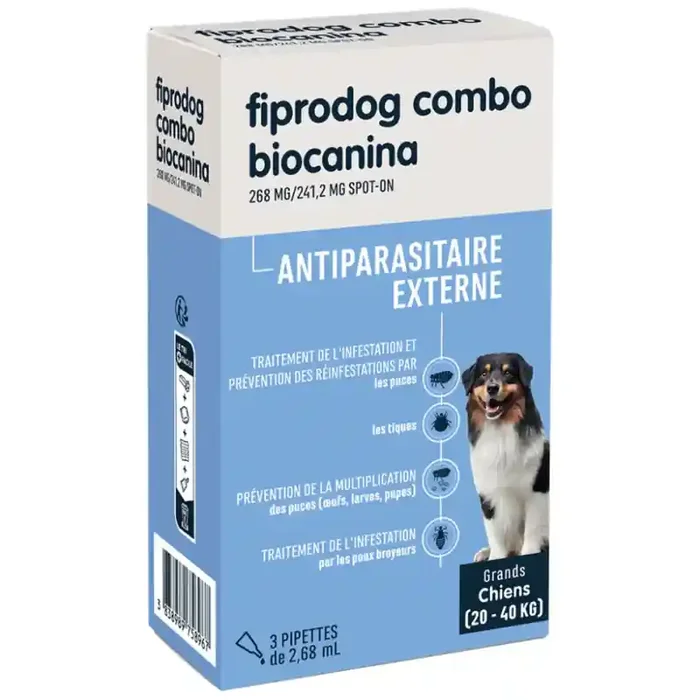 PIPETTES FIPRODOG COMBO 268MG GRANDS CHIENS 20-40KG ANTIPARASITAIRE EXTERNE BIOCANINA