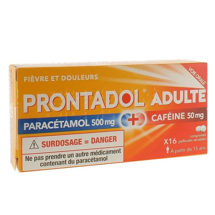 Prontadol Adulte – Paracétamol 500mg Caféine 50mg – Fièvre et Douleurs – 16 comprimés pélliculés sécables