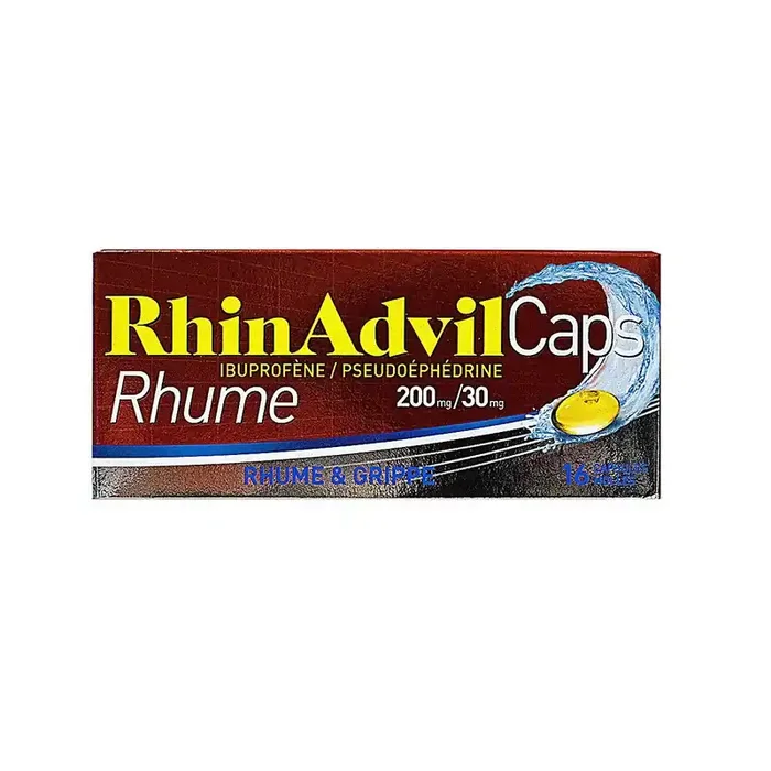 Rhinadvil Caps Rhume Grippe – Ibuprofène Pseudoéphédrine 200mg/30mg – 16 comprimés