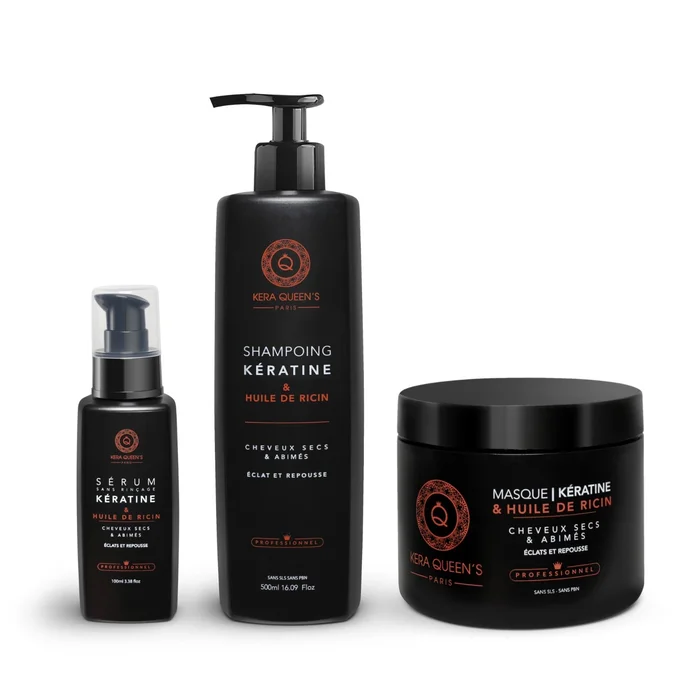 Rituel Kératine et Ricin – Shampoing 500ml + Masque 500ml + Sérum 100ml
