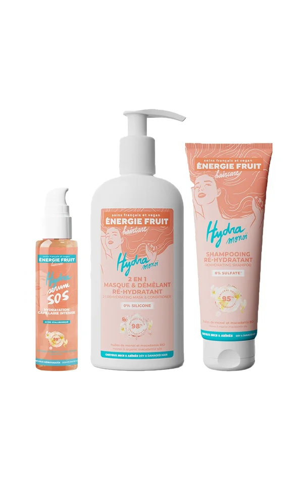 Routine cheveux abîmés – Monoï & acide hyaluronique – 3 produits