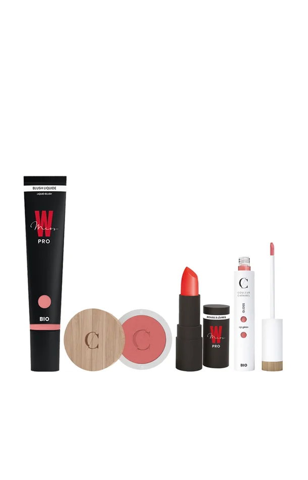 Routine maquillage corail – Teint, yeux & lèvres – 4 produits