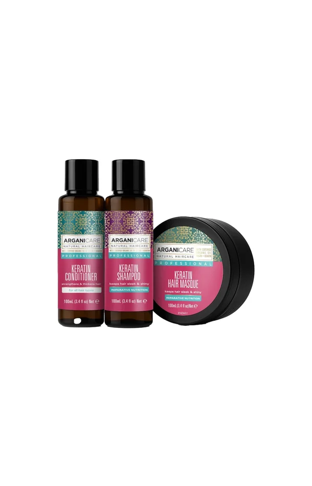 Routine réparatrice format voyage – Kératine – Cheveux – 3 produits
