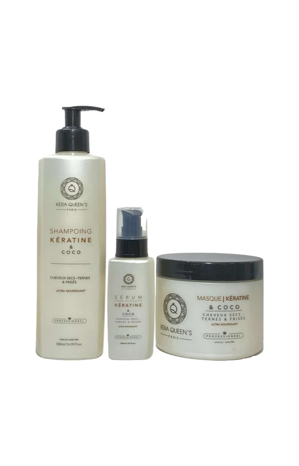 Routine ultra-nourrissante – Kératine & coco – Cheveux ternes, secs & frisés – 3 produits