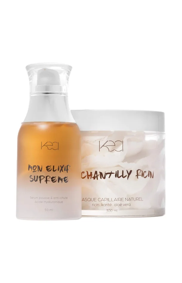 Sérum régénérant & masque fortifiant – Mon élixir suprême & ma chantilly ricin – Cheveux fragilisés