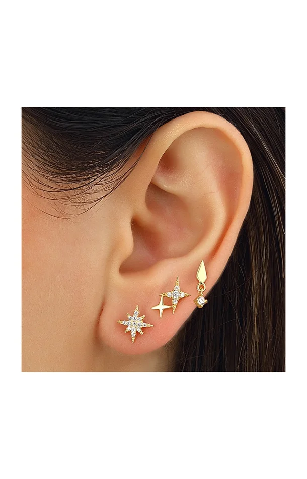 Set de 3 boucles d’oreilles – Argent 925/000 plaqué or jaune & zircons