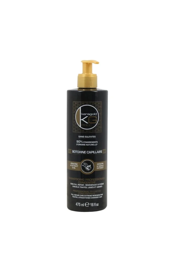 Shampoing régénérant – Kératine & extrait d’ail – Cheveux lissés, traités ou abîmés – 475 ml