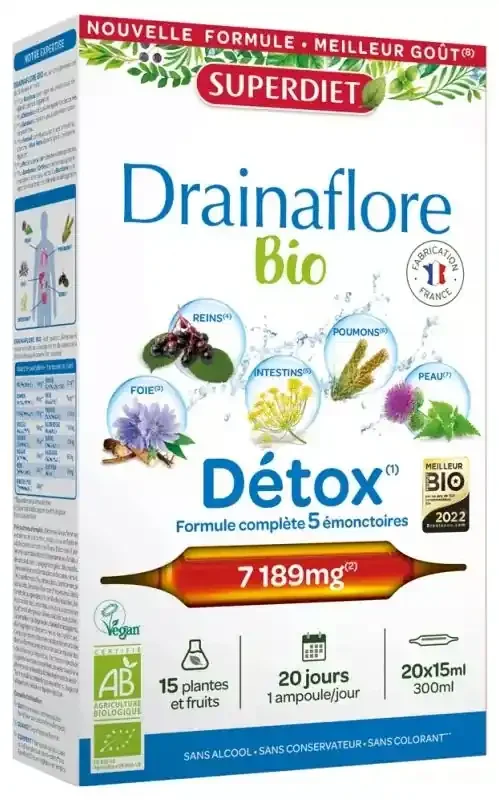 Superdiet Drainaflore Bio – 20 Ampoules de 15 ml