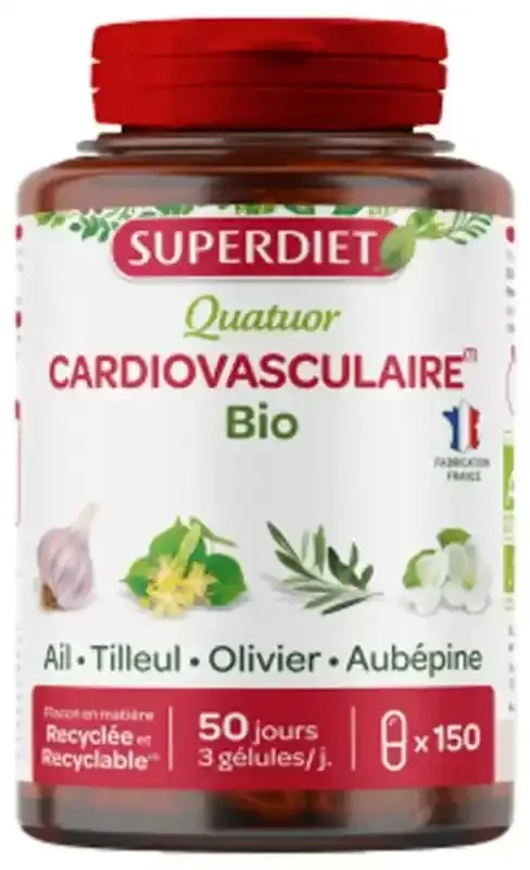 Superdiet Quatuor Ail Cardiovasculaire Bio Ail Olivier Tilleul Aubépine – 150 Gélules