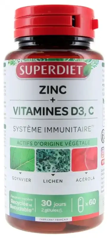 Superdiet Système Immunitaire Zinc et Vitamines D3, C 60 Gélules