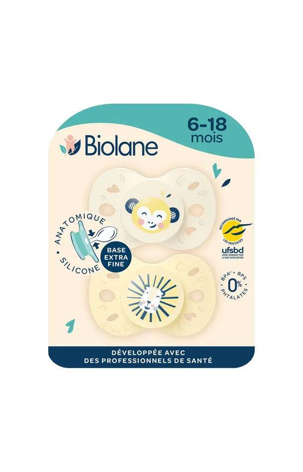 Tétines anatomiques – Animaux – 6 à 18 mois – Jaune & beige