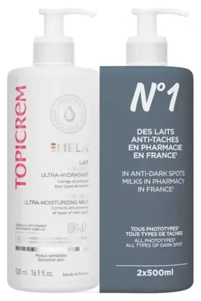 Topicrem MELA – Taches pigmentaires Lait Unifiant Ultra-Hydratant Lot de 2 x 500 ml