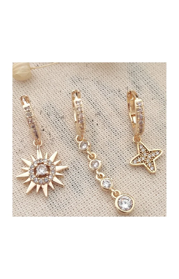 Trio de boucles d’oreilles – Laiton plaqué or & zircons